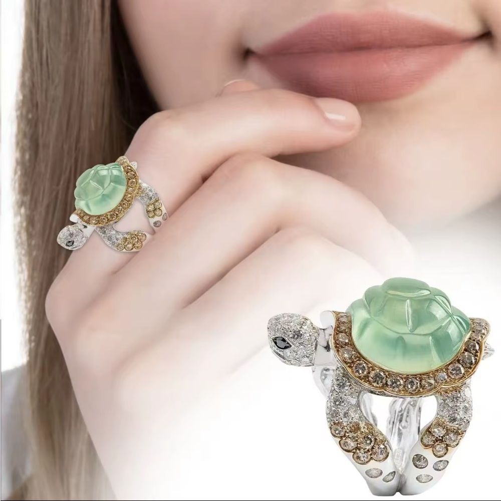 Cocktail Crystal Faux Jade Ring Sea Turtle Size 7
